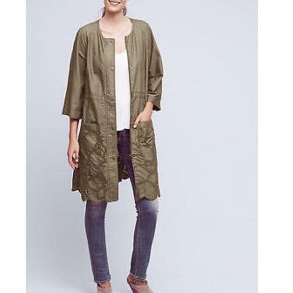 Hei Hei Anthropologie Green‎ Embroidered Eyelet Scallop Long Jacket Trench